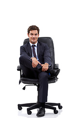 Image showing Happy, businessman and portrait of manager in a chair with white background or mock up space in studio. Confident, entrepreneur and relax on seat with professional style, fashion or suit for work