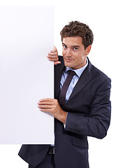 Image showing Portrait, mockup and business man with banner in studio for advertising, space of news on white background. Poster, face and male entrepreneur with presentation, recruitment or hiring checklist guide