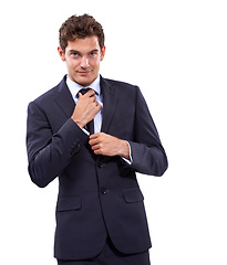 Image showing Pride, businessman and portrait for fixing tie and corporate professional for happy career in studio mockup. Person, face and manager in style suit and attorney with confidence by white background