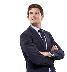 Image showing Arms crossed, thinking and business with man, ideas and employee isolated on a white studio background. Person, model and agent with decision, planning and opportunity with promotion or mockup space