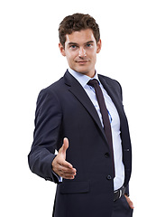 Image showing Business man, handshake offer and agreement in studio for introduction, job interview or hiring. Happy corporate boss or employer shaking hands or welcome portrait in client POV on a white background