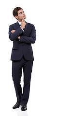 Image showing Business man, thinking of ideas and space for solution, questions or job vision, sales goals and emoji in studio. Corporate employee with investment decision, choice and mockup on a white background