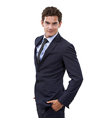 Image showing Confident, businessman and portrait for career pride in studio mockup, start up and professional worker. Person, face or hands in pocket in corporate job, formal suit or attorney by white background