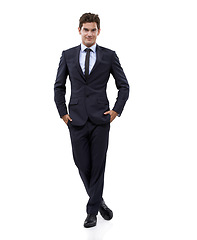 Image showing Happy, businessman and portrait for pride in studio mockup, for start up and confident in professional job. Person, face and smile as entrepreneur in corporate career and attorney by white background