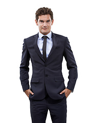 Image showing Confident, businessman and portrait for positive in studio mockup, with start up and professional worker. Person, face and hands in pocket in corporate career, formal and attorney by white background
