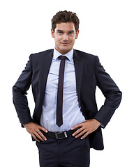 Image showing Businessman, portrait and hands on hip for happy, studio mockup and positive for professional worker in pride. Person, smile face and confident as entrepreneur in corporate and by white background