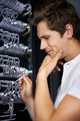 Image showing Server room, tools and man with connection check, thinking and night in solution at job. Cybersecurity system, it network or person for fiber internet, data center and storage with problem solving