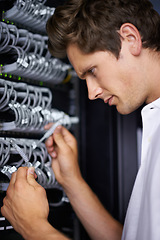 Image showing Server room, tools and man for cable maintenance for connectivity, night or thinking at job. Cybersecurity system, it network or person for fiber internet, data center or storage with problem solving