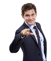 Image showing Business man, portrait and hand pointing you to show winner, opportunity or success choice on a white background. Corporate person with a finger to vote for winning, competition or decision in studio