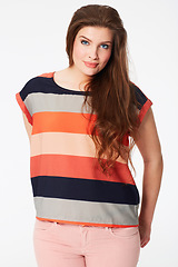 Image showing Happy woman, portrait and fashion in beauty or makeup against a white studio background. Face of attractive young female person or model smile with stripped t shirt and stylish clothing on mockup