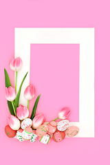 Image showing Pink Tulip Flowers and Easter Egg Floral Background Frame