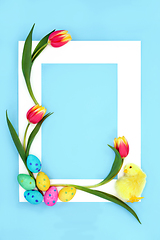 Image showing Easter Eggs Tulip Flower and Baby Chick Background Frame