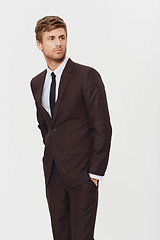 Image showing Thinking, fashion and business man in studio with classic suit, elegance or confidence on white background. Style, clothes or fashionable guy entrepreneur with cool outfit choice or gentleman apparel