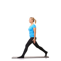 Image showing Body, health and fitness with woman in studio for stretching, exercise and wellness. Workout, training and self care with female person on floor of white background for pilates, gym and mockup space