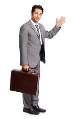 Image showing Portrait, hello and business man with briefcase in studio isolated on a white background. Professional lawyer, wave and hand gesture for greeting, salute or goodbye of worker in suit on mockup space