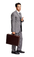 Image showing Man, gesture and hand on briefcase for business in white background of studio with presentation. Businessman, pointing and cool greeting with bag in corporate, work or professional entrepreneur