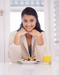 Image showing Breakfast, happy and portrait of woman with fruit salad and juice for nutrition, wellness and diet. Morning, home and person with drink, healthy food and snack for detox, vitamins and organic meal