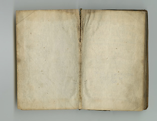 Image showing Blank, parchment and old book with paper in vintage texture or faded writing on page. Ancient, manuscript and empty document in history with damaged or stained pages in journal or archive in library