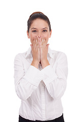 Image showing Business woman, surprise and cover mouth in studio for gossip, news of sale and announcement or information. Portrait of young person wow, excited or oops for story or secret on a white background