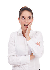 Image showing Business woman, wow and shocked in studio for information, bad gossip or fake news on a white background. Worker, employee or model with surprise, thinking and secret or whisper for career intel