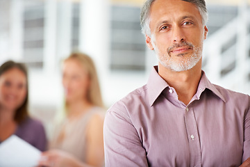 Image showing Office, leadership and portrait of business man with team for collaboration, confidence and pride. Corporate, company and happy worker with staff for meeting, planning and management in workplace