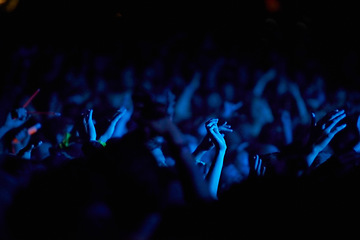 Image showing Concert, hands and audience for music with blue lights, neon and night festival, concert or psychedelic party. Crowd with arms raised with nightlife and rave or techno event for new year holiday