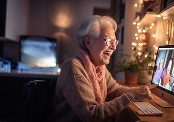 Image showing Radiant senior woman enjoys the warmth of her home, smiling while using a laptop, embracing the comfort of modern technology
