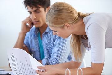 Image showing Serious, business meeting and phone call with documents, teamwork and planning strategy with workers or assistant. Man, woman and tech for work project, conversation and workplace efficiency