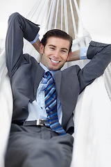 Image showing Portrait, hammock and man with business, relax and smile with confidence, break and vacation. Person, employee and entrepreneur with achievement, consultant and calm with peace, startup and happy