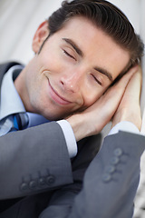 Image showing Sleeping, peace and tired business man in a hammock with low energy, resting or break outdoor. Sleepy, smile or face of male entrepreneur outside with fatigue, nap or travel burnout, lazy or dreaming