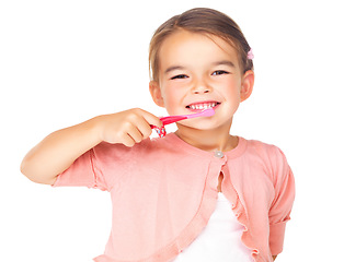 Image showing Portrait, girl and child brushing teeth in studio for hygiene, wellness and learning healthy oral habits on white background. Happy young kid, toothbrush and care of dental cleaning for fresh breath