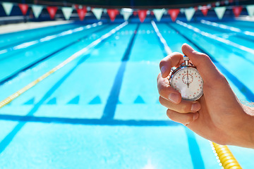 Image showing Hand, timer and swimming pool for sport, training and workout with preparation for competition. Person, coach or mentor with clock, stopwatch or check for speed, progress and tracking lap for race