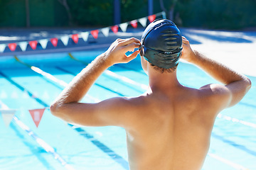 Image showing Swimming, pool and back of sports man ready for exercise, outdoor workout or training practice for competition. Sunshine, athlete and back of swimmer to start challenge, cardio or fitness performance