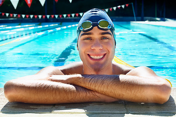 Image showing Swimming pool, smile and portrait of sports man relax after exercise, outdoor workout or practice. Activity, wellness and face of swimmer happy after water polo competition, fitness or summer cardio
