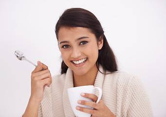 Image showing Woman, coffee and portrait in a home with smile in the morning from hot drink and cup. Lounge, happy and relax Indian female person with espresso or tea in a house ready to start the day with a mug