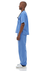 Image showing Profile, man and doctor with uniform, employee and career isolated on a white studio background. African person, model and surgeon with professional, medical and nurse with confidence and healthcare