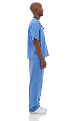 Image showing Profile, man and doctor with uniform, healthcare and career isolated on a white studio background. African person, model and surgeon with professional, medical and nurse with confidence and employee