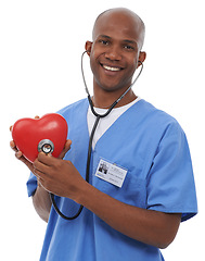 Image showing Heart prop, portrait and man with a smile, doctor and employee isolated on a white studio background. Face, African person and model with happiness, professional and medical with cardiology or joyful
