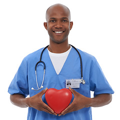 Image showing Heart prop, portrait and man with healthcare doctor and employee isolated on a white studio background. Face, African person or model with happiness, professional and medical with cardiology or nurse