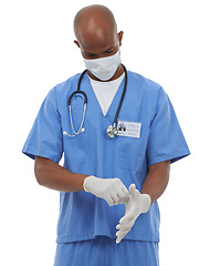 Image showing Gloves, man or doctor with a mask, healthcare or employee isolated on white studio background. African person, model or worker with face cover, hospital policy or regulations for safety or protection