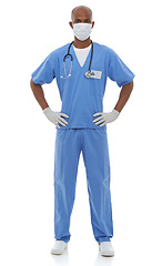 Image showing Portrait, mask and uniform with nurse, man and confident employee isolated on a white studio background. Face cover, African person and medical with professional, nurse and healthcare with protection