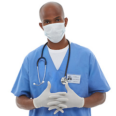 Image showing Clasping hands, man and doctor with portrait, professional and employee isolated on a white studio background. Face cover, nurse or surgeon with confidence, healthcare and protection with regulations