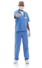 Image showing Portrait, black man and doctor pointing to you, mask and employee isolated on a white studio background. African person, surgeon and face cover with motivation, career and medical with professional