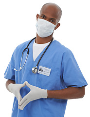 Image showing Portrait, hands together and man with a mask, doctor and professional isolated on white studio background. Face cover, medical and surgeon with uniform, safety and regulations with policy and healthy
