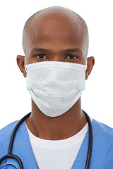 Image showing Portrait, man and mask with doctor, healthcare and confident employee isolated on a white studio background. Face cover, medical and professional with uniform, Covid19 regulations and protection