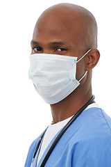 Image showing Portrait, man and mask with doctor, professional or confident employee isolated on white studio background. Face cover, medical or healthcare with uniform, Covid19 regulations or safety with wellness