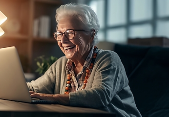 Image showing Radiant senior woman enjoys the warmth of her home, smiling while using a laptop, embracing the comfort of modern technology