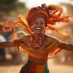 Image showing African American woman joyfully engages in traditional dance at a lively festival, showcasing the rich and dynamic expressions of her heritage