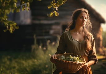 Image showing A beautiful traditional woman exudes charm while holding a basket, capturing the essence of cultural elegance and ethnic beauty within the serene surroundings