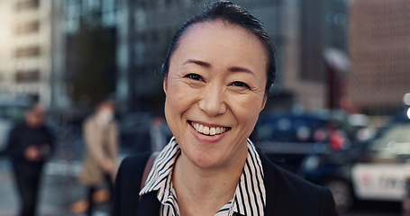 Image showing Business, city and portrait of Japanese woman for morning commute, travel and walking. Professional, corporate and worker with ambition, pride and confident for career, work and job in Tokyo town